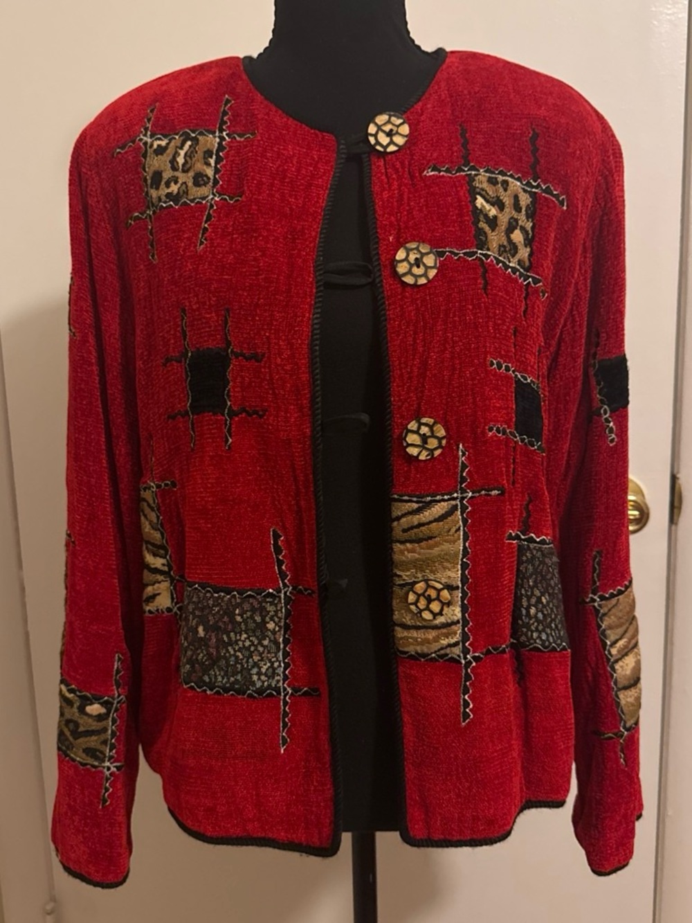Vintage 90s Julia Kim Red Patchwork Animal Print Art to Wear Jacket PL